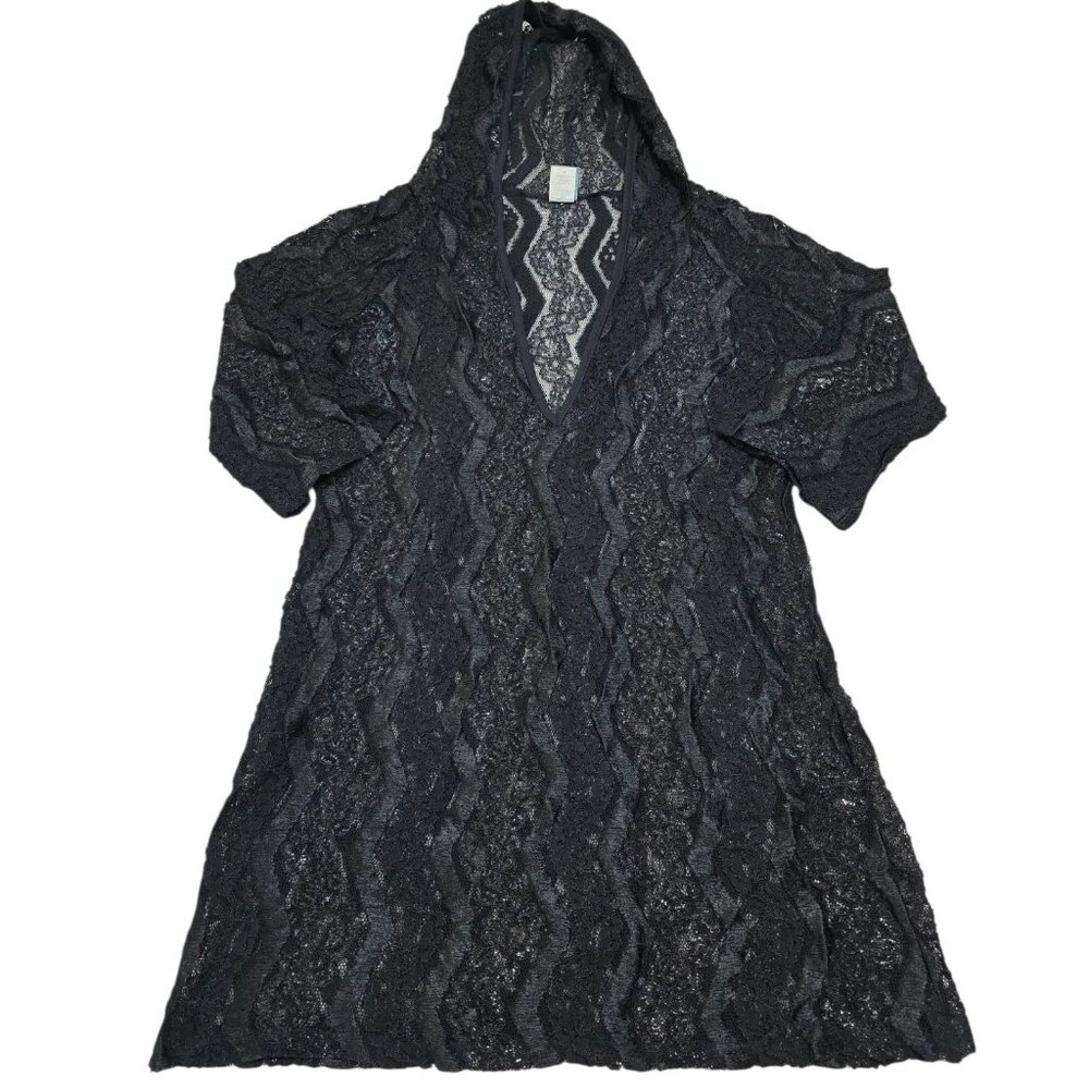 Dream Beach Womens Black Floral Lace Swimsuit Cover Up Short Sleeve Hooded Sz‎ M
